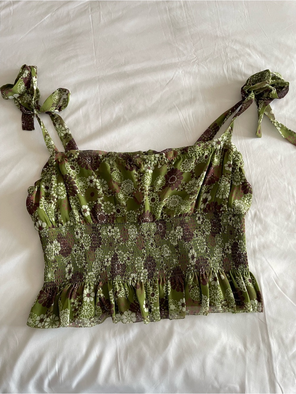 Wilfred Green Floral Smocked Tie-Strap Crop Camisole